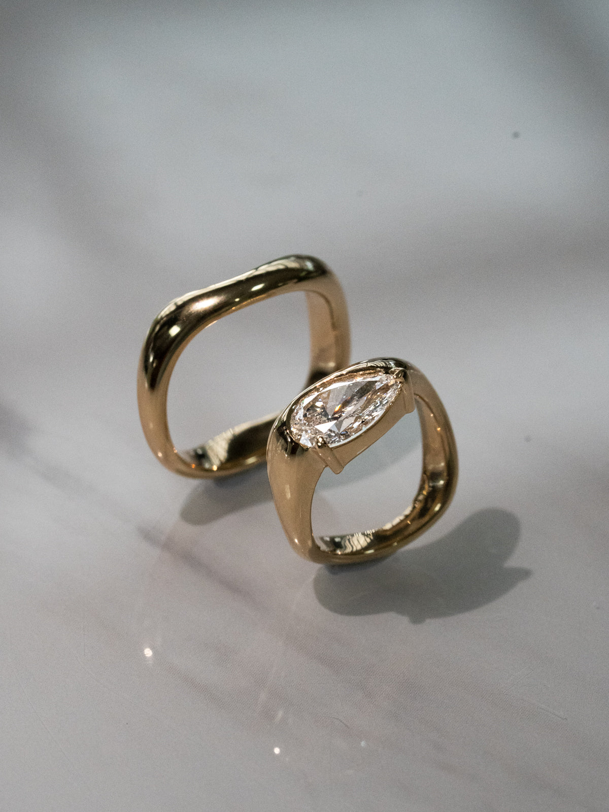 Freeform Pear Diamond Ring with Matching Wedding Band