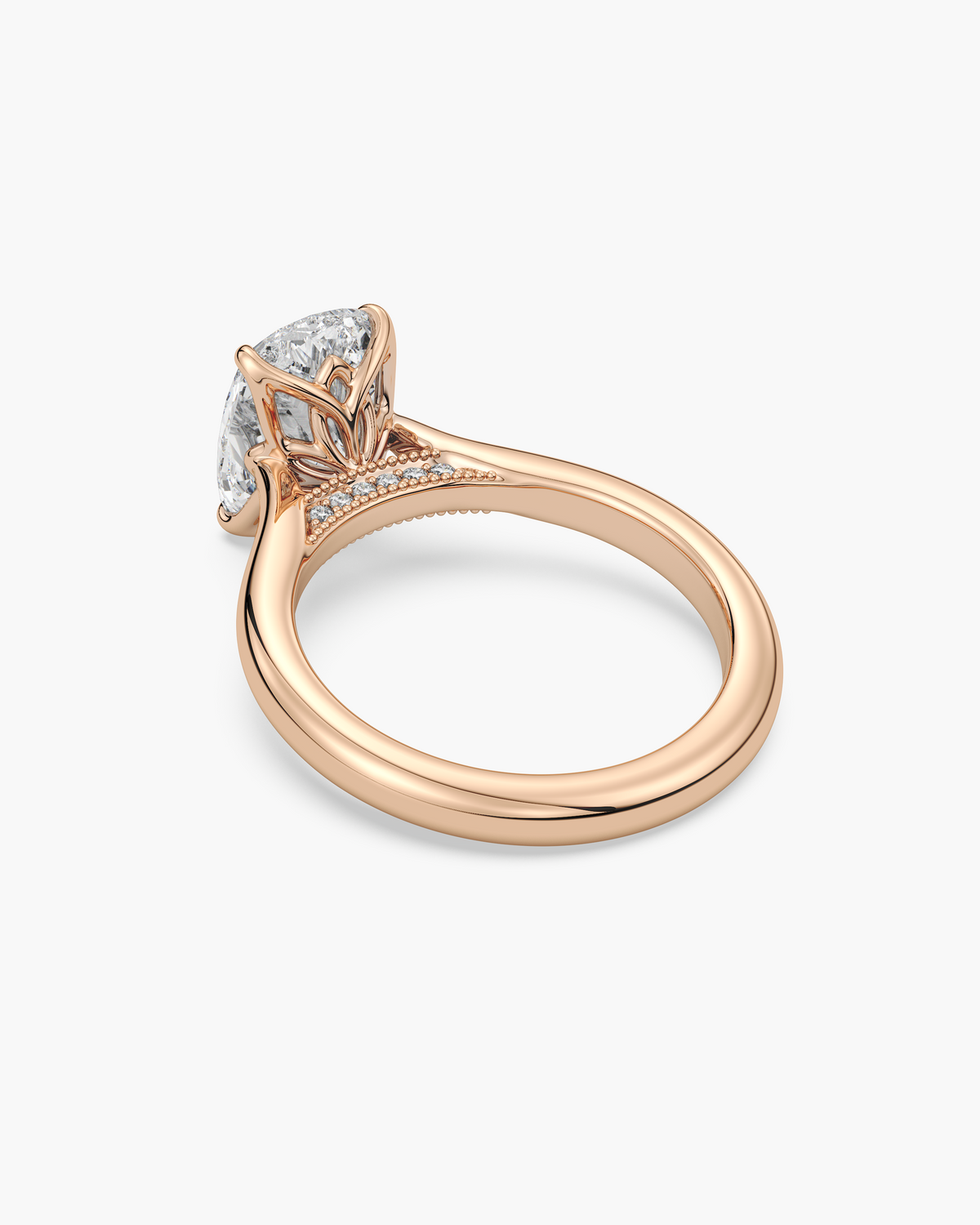 Lian Overlapping Floral cushion solitaire engagement ring in 18k rose gold, back angle