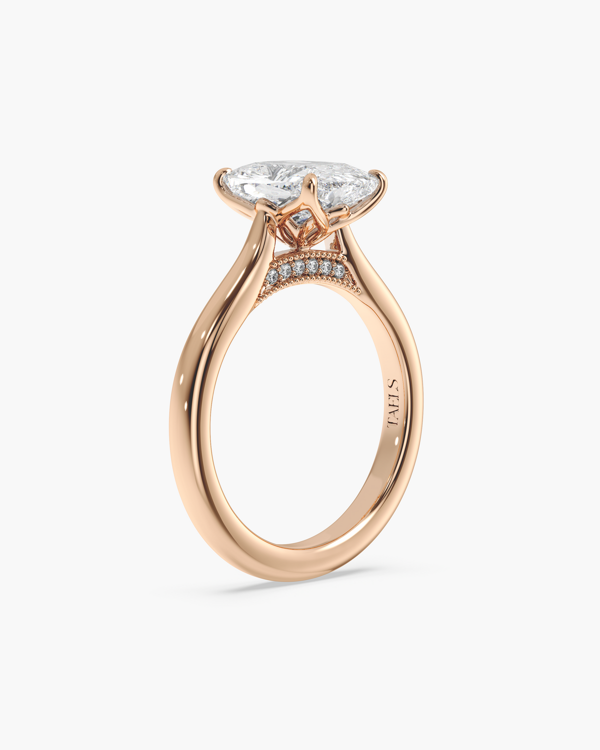 Lian Overlapping Floral cushion solitaire engagement ring in 18k rose gold, front angle