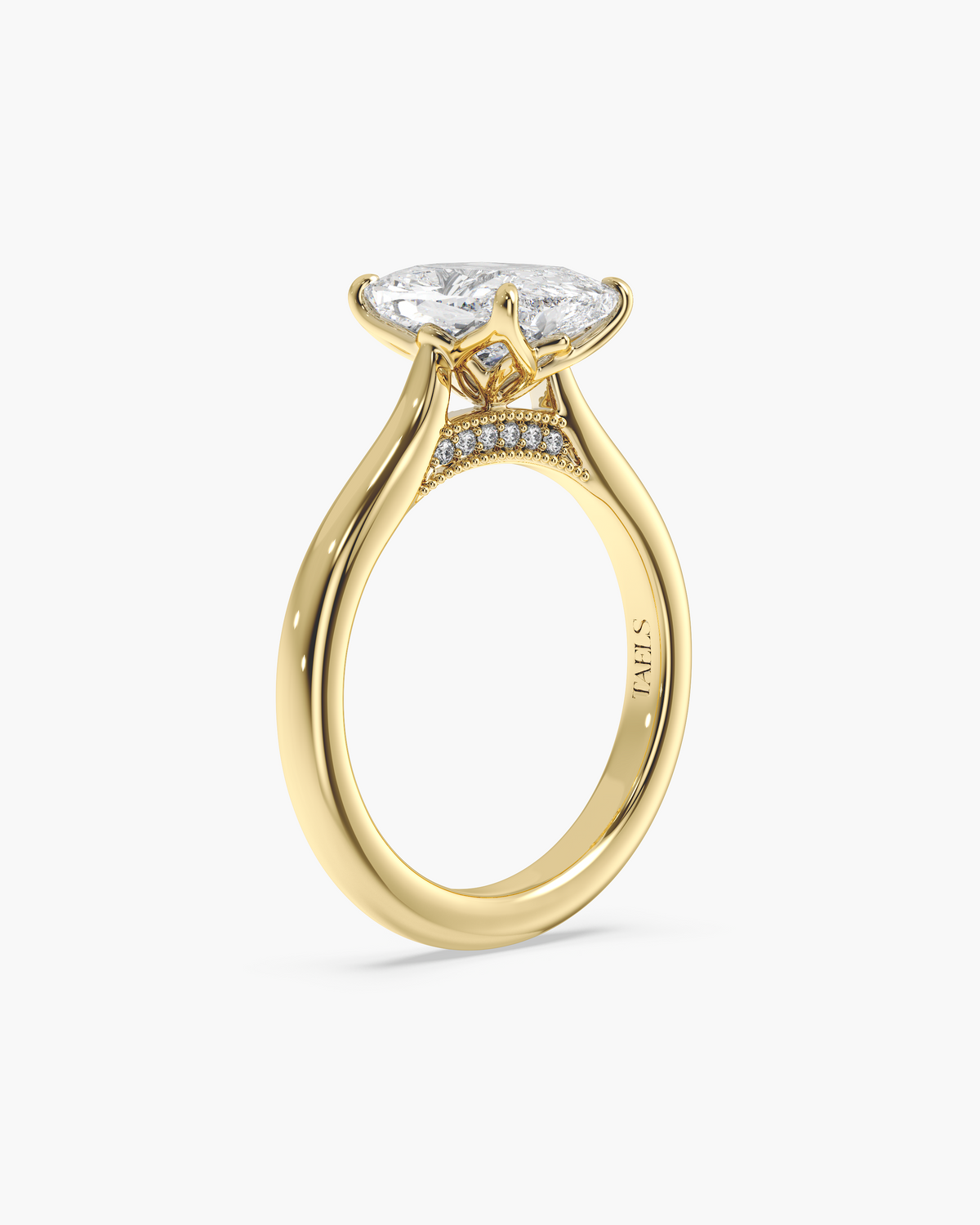 Lian Overlapping Floral cushion solitaire engagement ring in 18k yellow gold, front angle