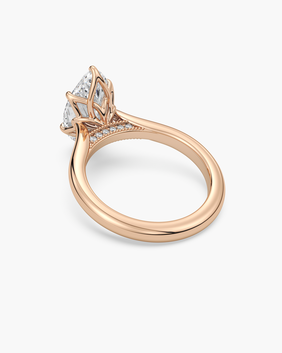 Lian Overlapping Floral marquise solitaire engagement ring in 18k rose gold, back angle
