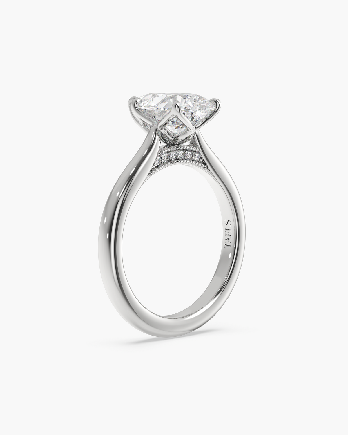 Lian Overlapping Floral pear solitaire engagement ring in 18k white gold, front angle
