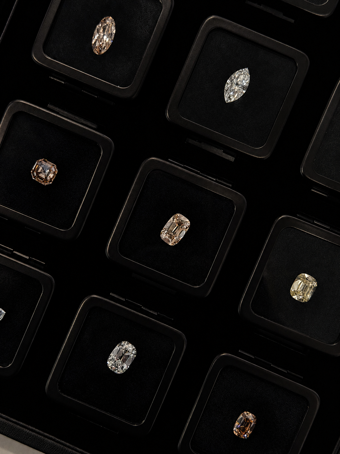 Champagne diamonds in Sydney, Australia. Old mine cut, lab grown, asscher. Light brown diamond, yellow old mine cut diamond