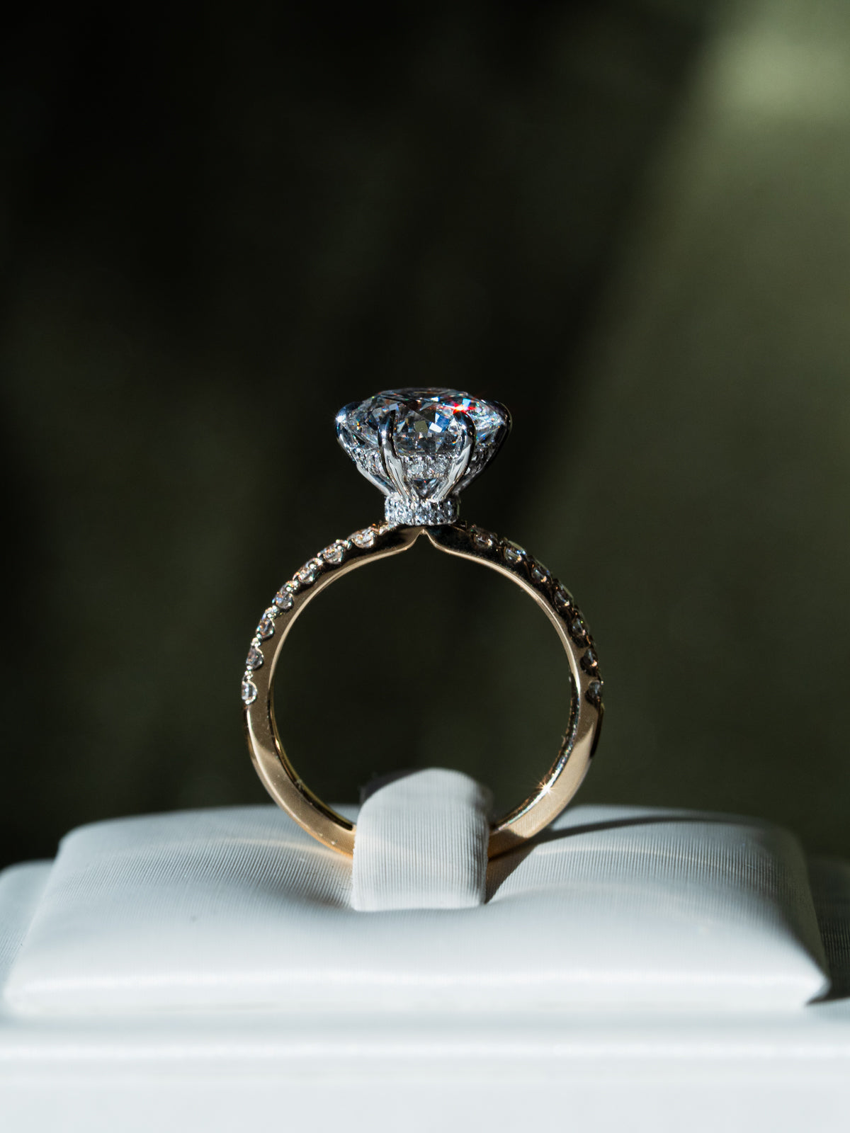Side profile view of round diamond solitaire engagement ring with platinum prongs and yellow gold pavé diamond band