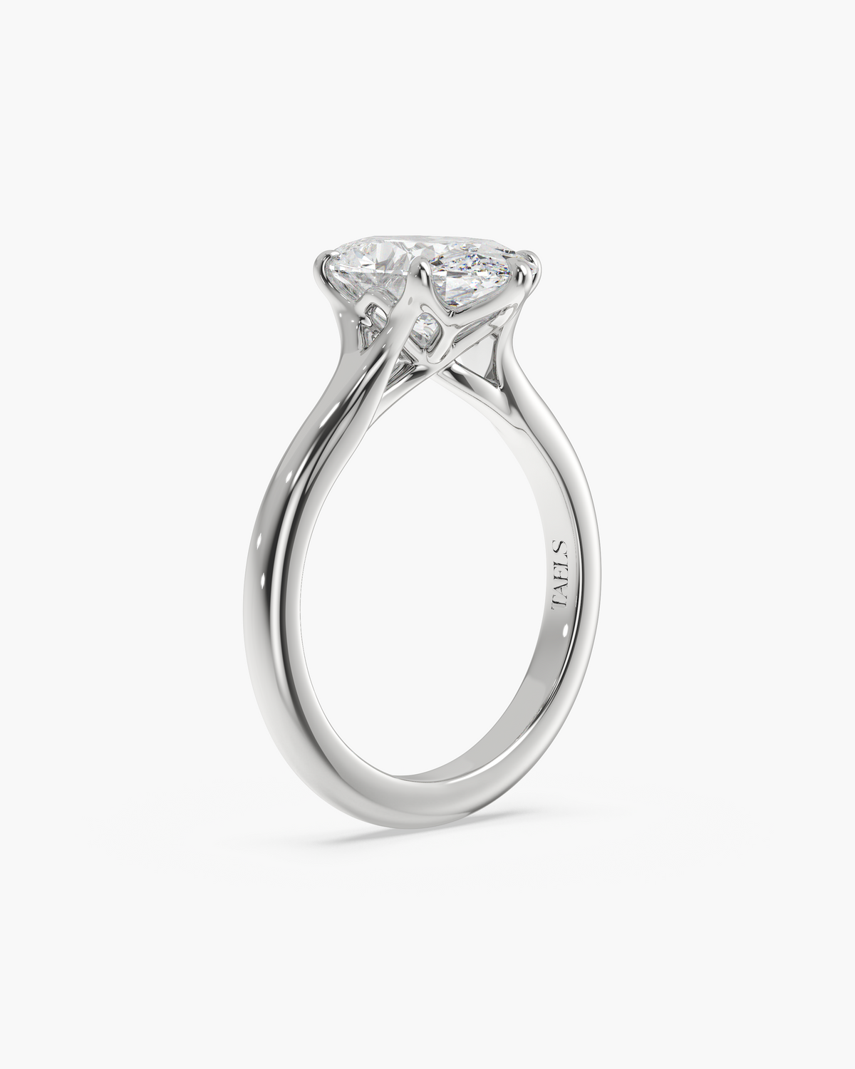Mei Trellis oval solitaire engagement ring in 18k white gold, front angle